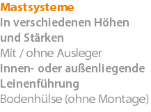 Mastsysteme In verschiedenen Höhen und Stärken Mit / ohne Ausleger Innen- oder außenliegende Leinenführung Bodenhülse (ohne Montage)